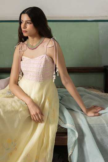 Label Nimbus_Yellow Cotton, Chanderi Sweetheart Lemon Icy Embroidered Spaghetti Maxi Dress _Online_at_Aza_Fashions