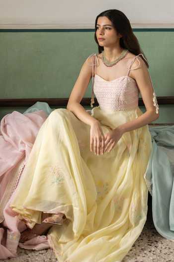 Buy_Label Nimbus_Yellow Cotton, Chanderi Sweetheart Lemon Icy Embroidered Spaghetti Maxi Dress _Online_at_Aza_Fashions