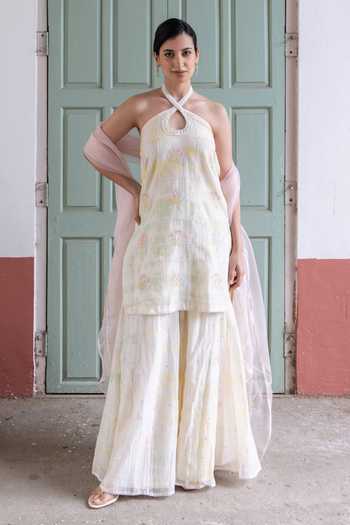 Buy_Label Nimbus_Ivory Chanderi, Organza Halter Neck, Yes Tie And Dye Kurta Sharara Set _at_Aza_Fashions
