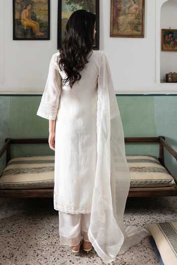 Shop_Label Nimbus_Ivory Chanderi, Cotton Satin, Organza Round Lucknowi Mukaish Handwork Kurta Set _at_Aza_Fashions