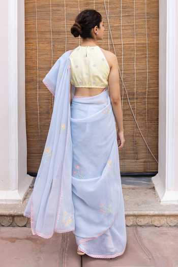 Shop_Label Nimbus_Blue Cotton, Silk Halter Neck Ice Melt Saree With Lemon Icy Blouse _at_Aza_Fashions