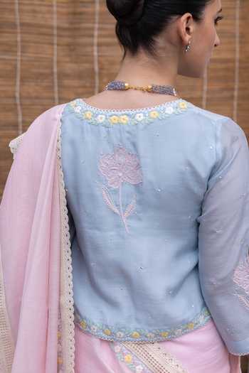 Label Nimbus_Pink Chanderi, Silk, Cotton Mandarin Collar Saree With Embroidered Blouse _Online_at_Aza_Fashions