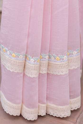 Buy_Label Nimbus_Pink Chanderi, Silk, Cotton Mandarin Collar Saree With Embroidered Blouse _Online_at_Aza_Fashions