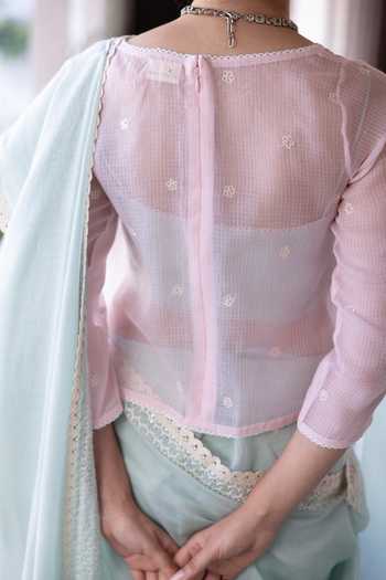 Label Nimbus_Green Chanderi, Silk, Cotton Bandeau Neck Saree Set With Embroidered Jacket _Online_at_Aza_Fashions