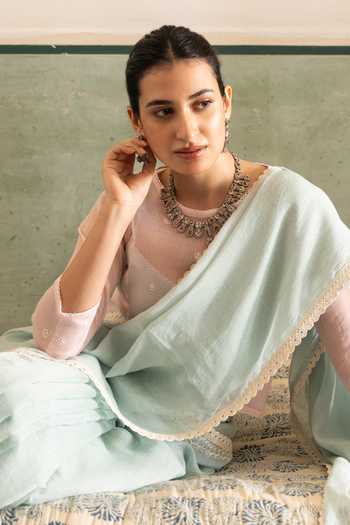 Buy_Label Nimbus_Green Chanderi, Silk, Cotton Bandeau Neck Saree Set With Embroidered Jacket _Online_at_Aza_Fashions