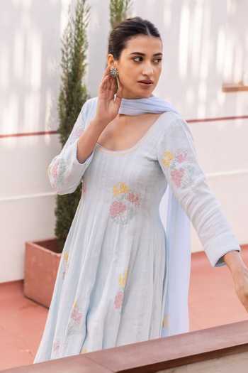 Label Nimbus_Blue Cotton, Silk, Chiffon Scoop Neck Ice Melt Ottan Hand Painted Anarkali Set _Online_at_Aza_Fashions