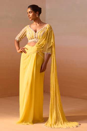 Buy_Nitika Gujral_Yellow Georgette, Net V-neck Pre-draped Saree With Blouse _at_Aza_Fashions