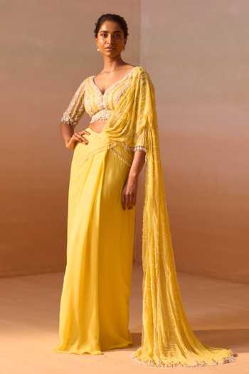 Nitika Gujral_Yellow Georgette, Net V-neck Pre-draped Saree With Blouse _Online_at_Aza_Fashions