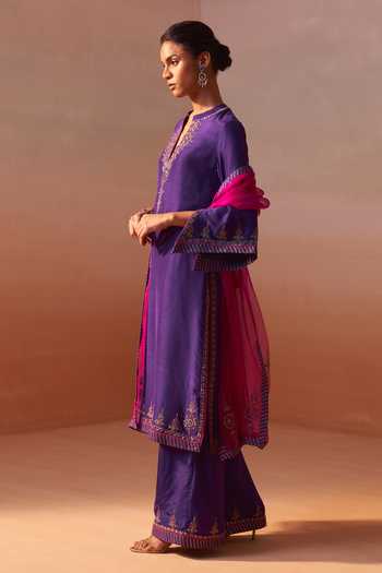 Nitika Gujral_Purple Silk, Organza, Dupion Embroidery, Zari Embellished Kurta Palazzo Set _Online_at_Aza_Fashions