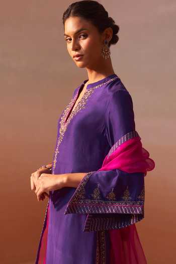 Buy_Nitika Gujral_Purple Silk, Organza, Dupion Embroidery, Zari Embellished Kurta Palazzo Set _Online_at_Aza_Fashions