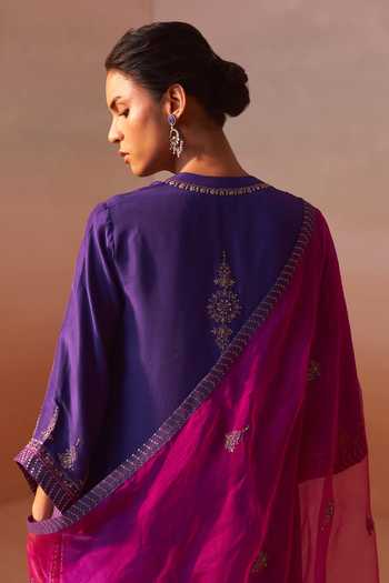 Shop_Nitika Gujral_Purple Silk, Organza, Dupion Embroidery, Zari Embellished Kurta Palazzo Set _Online_at_Aza_Fashions