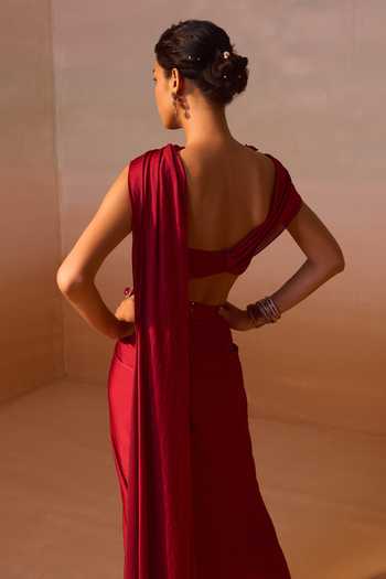 Shop_Nitika Gujral_Maroon Organza, Satin Sweetheart Neck Draped Bustier With Embroidered Skirt _at_Aza_Fashions