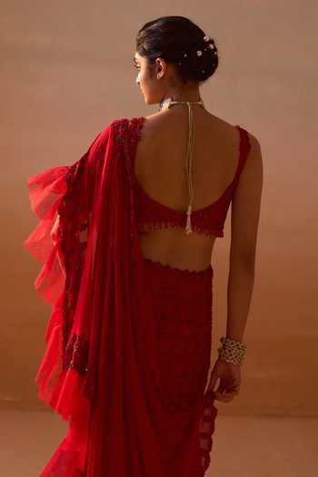 Shop_Nitika Gujral_Red Satin, Net Sweetheart Neck Pre-draped Ruffle Saree With Blouse _at_Aza_Fashions