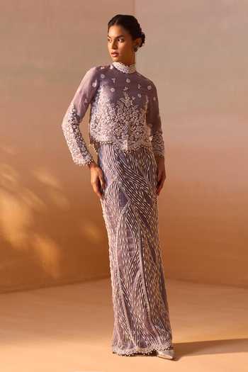 Buy_Nitika Gujral_Grey Organza, Lycra Embellished Slit Skirt Set With Cape _at_Aza_Fashions