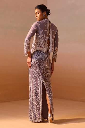 Shop_Nitika Gujral_Grey Organza, Lycra Embellished Slit Skirt Set With Cape _at_Aza_Fashions