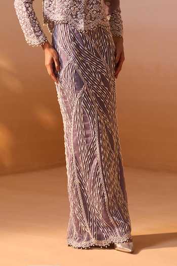 Nitika Gujral_Grey Organza, Lycra Embellished Slit Skirt Set With Cape _Online_at_Aza_Fashions