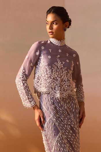 Buy_Nitika Gujral_Grey Organza, Lycra Embellished Slit Skirt Set With Cape _Online_at_Aza_Fashions