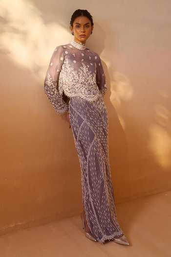 Shop_Nitika Gujral_Grey Organza, Lycra Embellished Slit Skirt Set With Cape _Online_at_Aza_Fashions