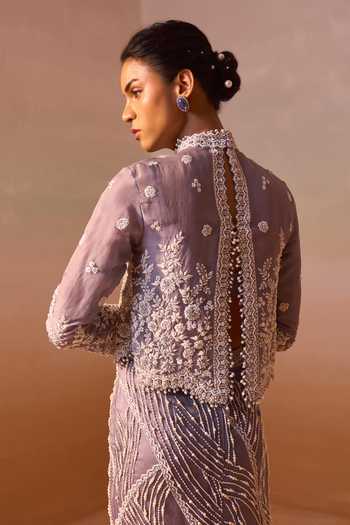 Nitika Gujral_Grey Organza, Lycra Embellished Slit Skirt Set With Cape _at_Aza_Fashions