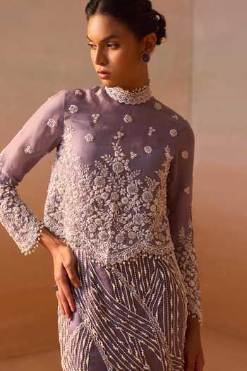 Buy_Nitika Gujral_Grey Organza, Lycra Embellished Slit Skirt Set With Cape 