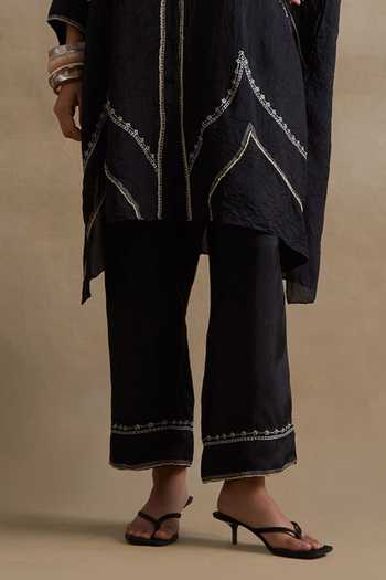 One Not Two_Black Silk Collared Thread Embroidered Kurta And Pant Set _Online_at_Aza_Fashions
