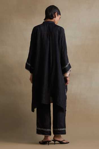 Shop_One Not Two_Black Silk Collared Thread Embroidered Kurta And Pant Set _at_Aza_Fashions