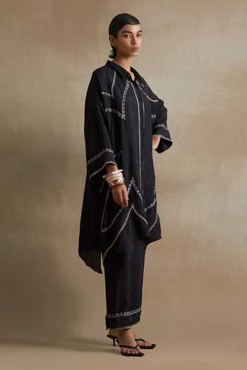 Buy_One Not Two_Black Silk Collared Thread Embroidered Kurta And Pant Set _Online_at_Aza_Fashions