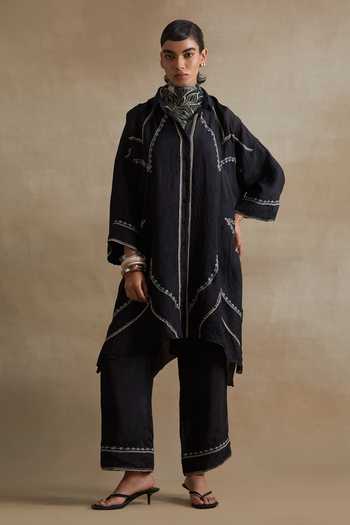 Shop_One Not Two_Black Silk Collared Thread Embroidered Kurta And Pant Set _Online_at_Aza_Fashions