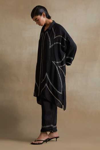 One Not Two_Black Silk Collared Thread Embroidered Kurta And Pant Set _at_Aza_Fashions