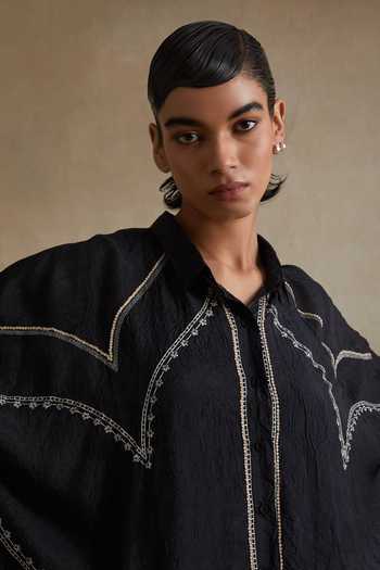 Buy_One Not Two_Black Silk Collared Thread Embroidered Kurta And Pant Set 