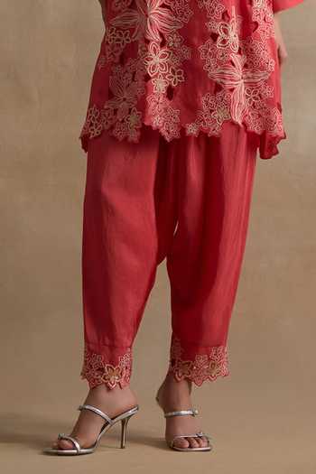One Not Two_Red Silk Round Neck Floral Cutwork Embroidered Kurta And Pant Set _Online_at_Aza_Fashions