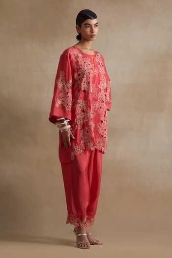 Buy_One Not Two_Red Silk Round Neck Floral Cutwork Embroidered Kurta And Pant Set _Online_at_Aza_Fashions