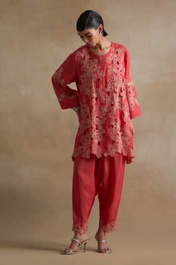 Shop_One Not Two_Red Silk Round Neck Floral Cutwork Embroidered Kurta And Pant Set _at_Aza_Fashions