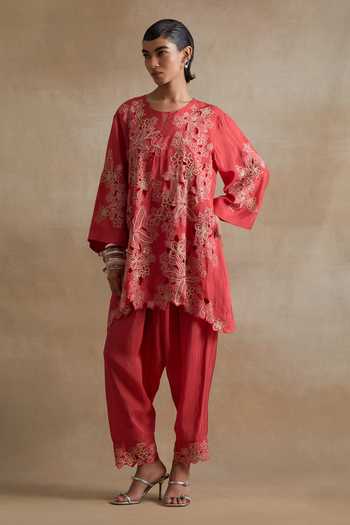 Buy_One Not Two_Red Silk Round Neck Floral Cutwork Embroidered Kurta And Pant Set _at_Aza_Fashions