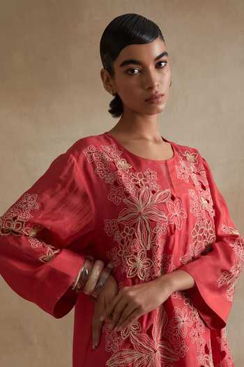 Shop_One Not Two_Red Silk Round Neck Floral Cutwork Embroidered Kurta And Pant Set _Online_at_Aza_Fashions