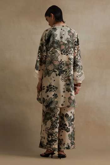 Shop_One Not Two_Ivory Silk, Cotton V-neck, Yes Printed Kurta And Pant Set _at_Aza_Fashions