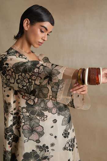 One Not Two_Ivory Silk, Cotton V-neck, Yes Printed Kurta And Pant Set _at_Aza_Fashions