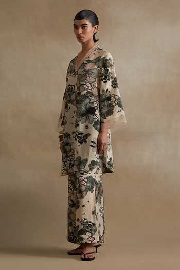 Buy_One Not Two_Ivory Silk, Cotton V-neck, Yes Printed Kurta And Pant Set 