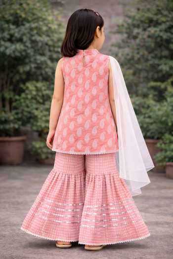 Shop_Pankhuri By Priyanka_Peach Cotton Ambi Print Kurta Sharara Set _at_Aza_Fashions