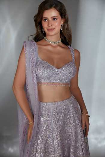 Shop_Saaj By Ankita_Purple Tulle Sweetheart Neck Gota Patti Work Lehenga Set 