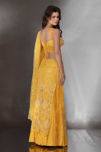 Shop_Saaj By Ankita_Yellow Georgette Pearls, Crystals Bandeau Neck Embroidered Corset Lehenga Set _at_Aza_Fashions