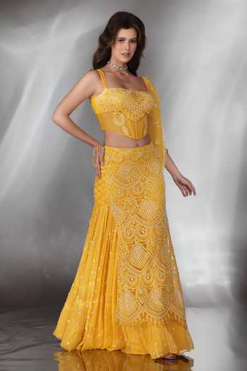 Saaj By Ankita_Yellow Georgette Pearls, Crystals Bandeau Neck Embroidered Corset Lehenga Set _Online_at_Aza_Fashions