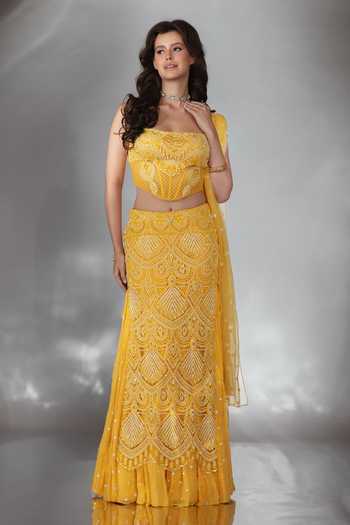 Buy_Saaj By Ankita_Yellow Georgette Pearls, Crystals Bandeau Neck Embroidered Corset Lehenga Set _Online_at_Aza_Fashions
