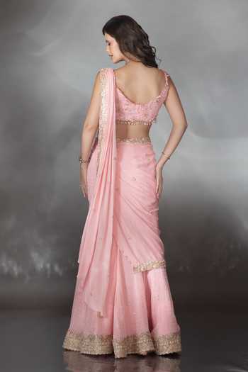 Shop_Saaj By Ankita_Pink Georgette Scoop Neck Embroidered Saree And Blouse Set _at_Aza_Fashions