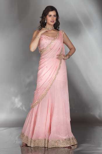 Saaj By Ankita_Pink Georgette Scoop Neck Embroidered Saree And Blouse Set _Online_at_Aza_Fashions