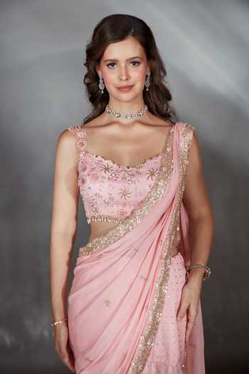 Buy_Saaj By Ankita_Pink Georgette Scoop Neck Embroidered Saree And Blouse Set _Online_at_Aza_Fashions