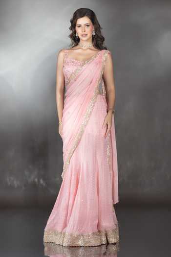 Shop_Saaj By Ankita_Pink Georgette Scoop Neck Embroidered Saree And Blouse Set _Online_at_Aza_Fashions
