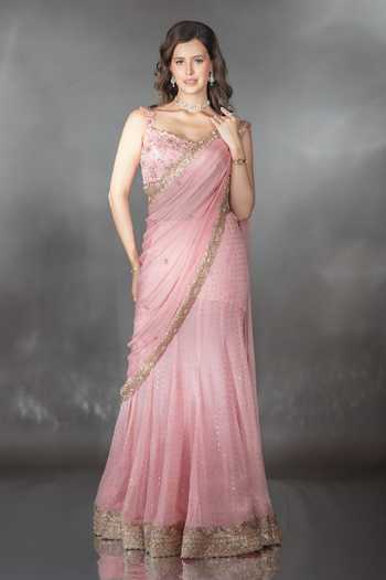 Buy_Saaj By Ankita_Pink Georgette Scoop Neck Embroidered Saree And Blouse Set _at_Aza_Fashions
