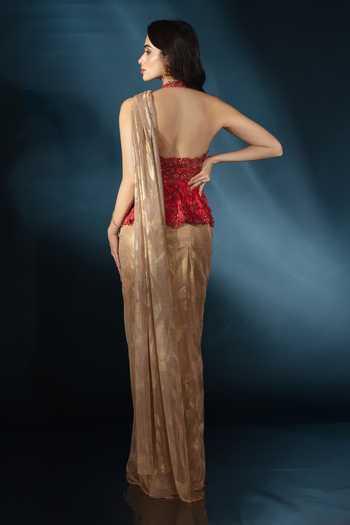 Shop_Saaj By Ankita_Gold Knit Halter Neck Pre-draped Metallic Saree With Blouse _at_Aza_Fashions
