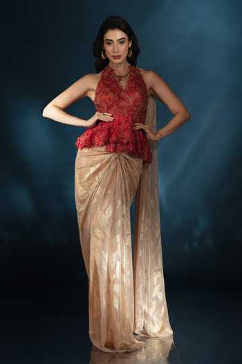 Buy_Saaj By Ankita_Gold Knit Halter Neck Pre-draped Metallic Saree With Blouse _at_Aza_Fashions